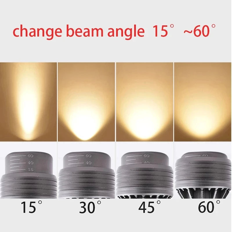 Simples Market LED spotlight bulb, E27 base, 110–220V, 15–60° adjustable beam, warm/neutral light for murals