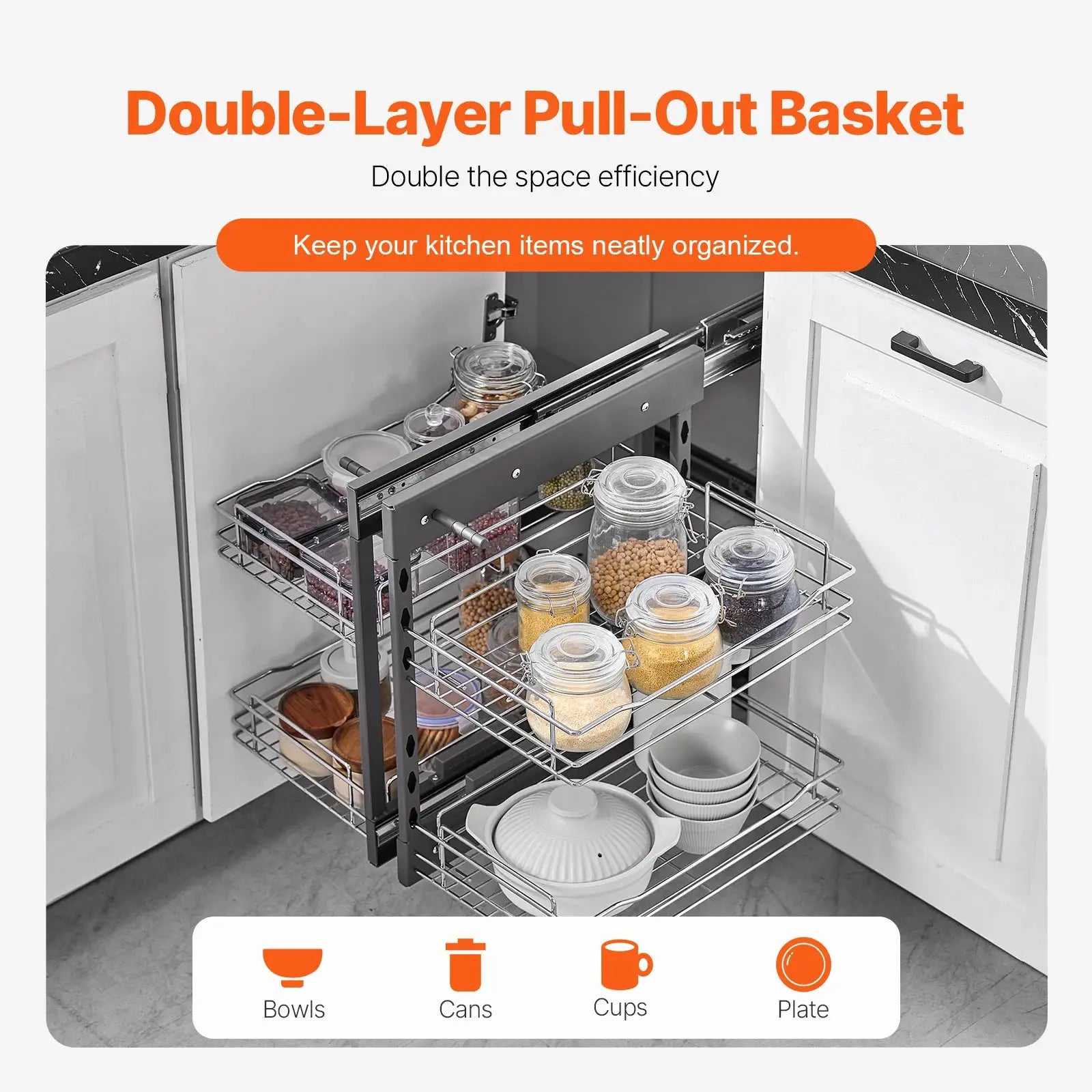 Three-tier pull-out cabinet organizer with steel wire baskets for jars and bowls