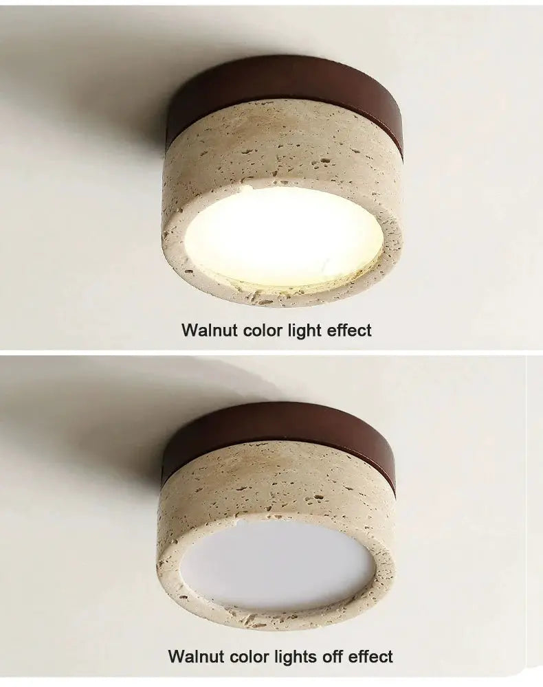 Japanese Wabi Sabi Stone LED ceiling light, cream stone body with walnut band