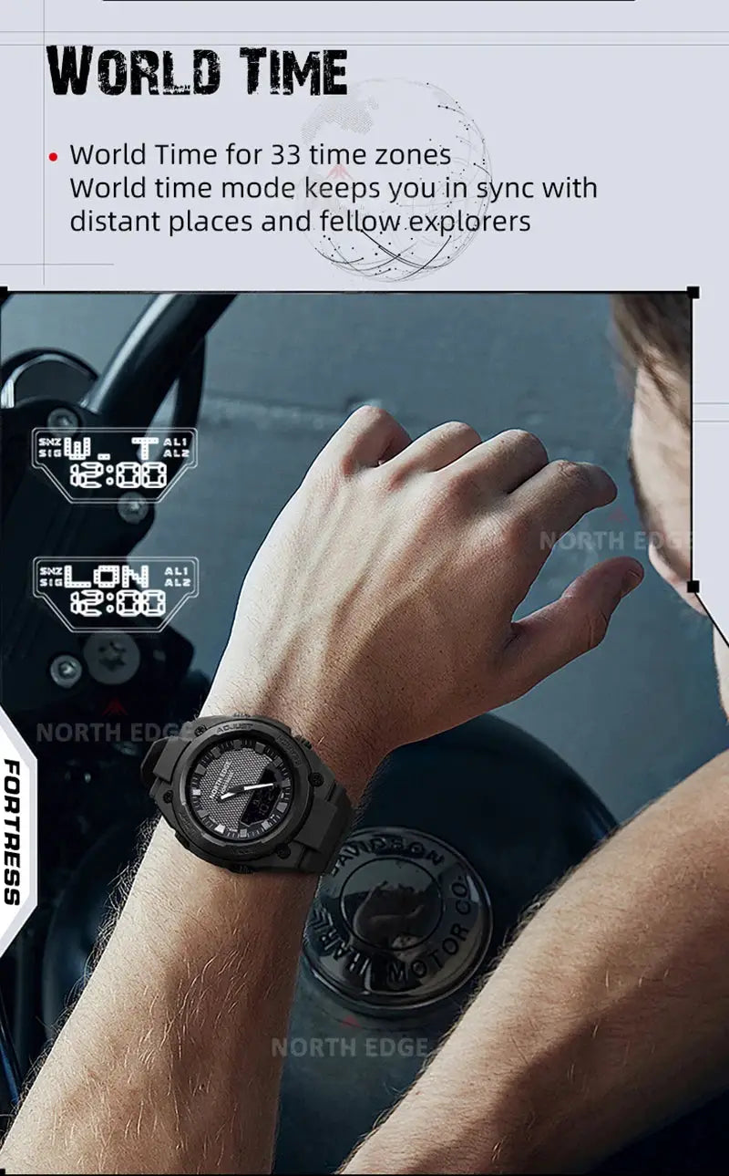North Edge Fortress 2026 men's digital sports watch, rugged black with LED display and 50m waterproof