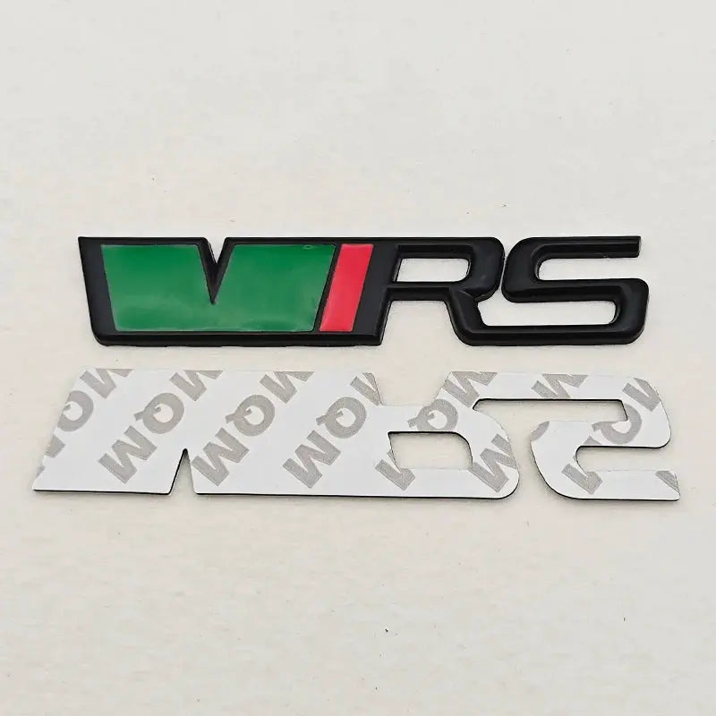 3D metal VRS badge emblem for car grille/fender/trunk; green/black with red stripe, adhesive backing, 2-piece set