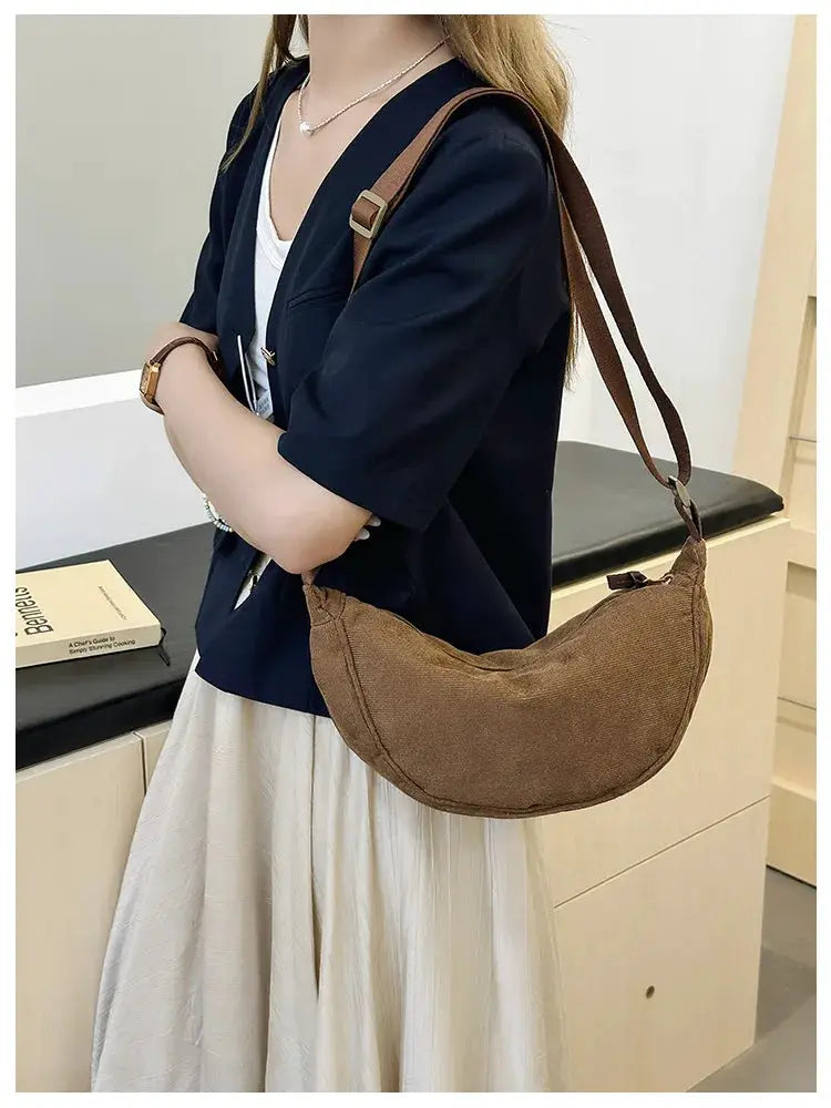 Corduroy women's hobo shoulder bag crossbody, brown with adjustable strap