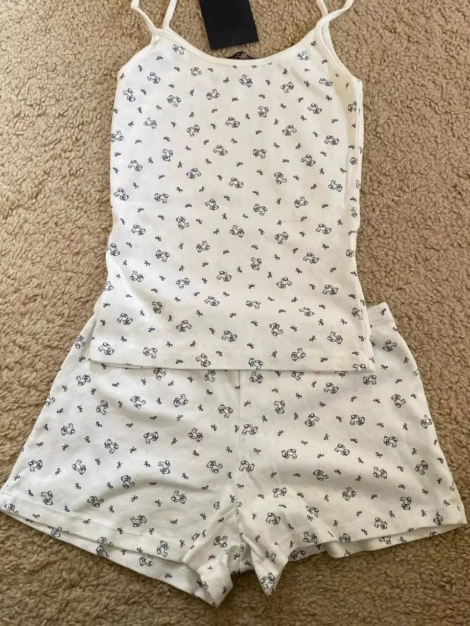 Strawberry Print Vest And Shorts Set For Women Eyelet Bow Tank Top