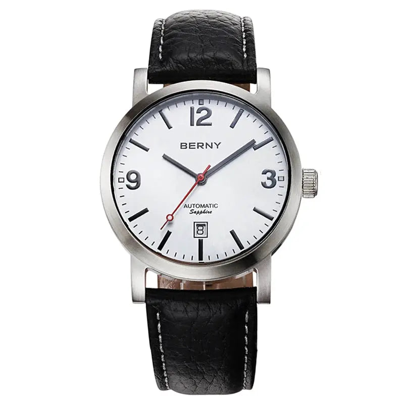 BERNY men's automatic wristwatch with white dial, silver case, black leather strap and date window
