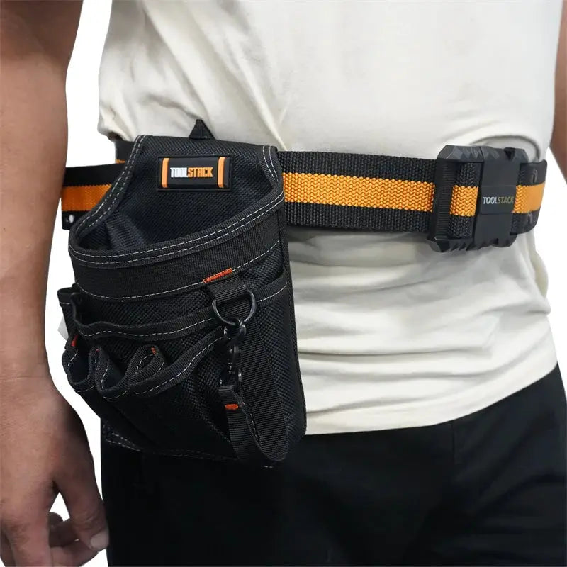 TOOLSTACK Electrician Pouch on a black belt with orange stripe; wear-resistant tool bag with multiple pockets