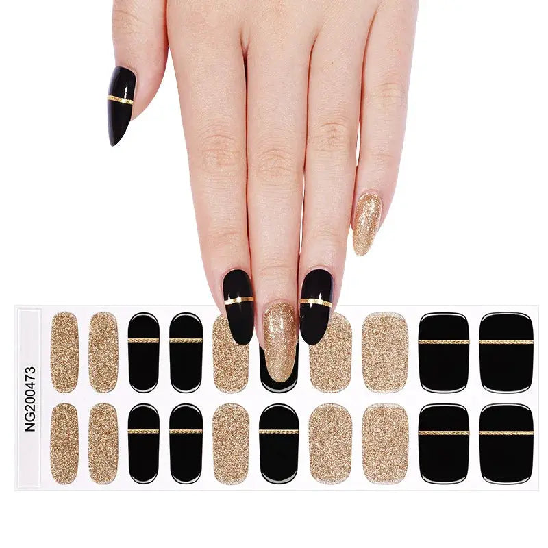 Gel nail wrap set by Simples Market in black and gold glitter; semi-cured, full-cover manicure sheet