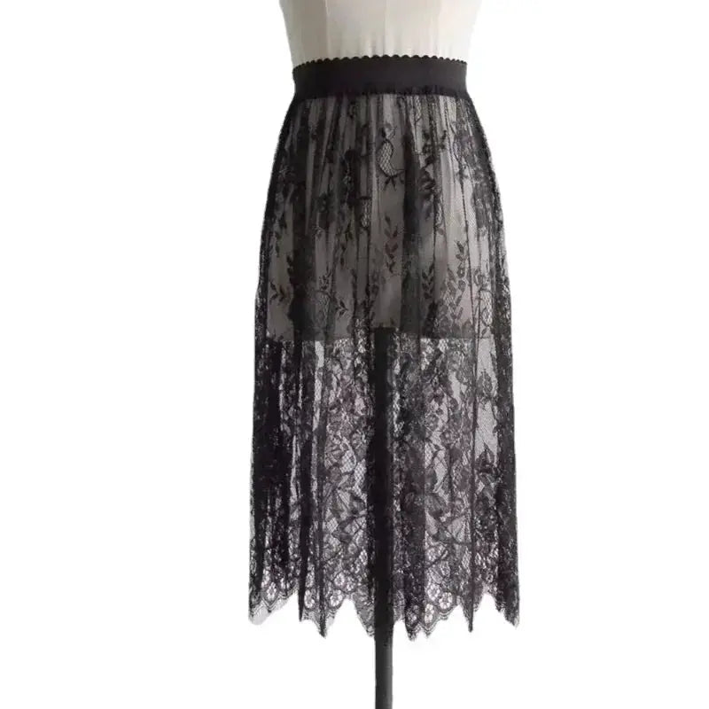 Simples Market women's black lace half-slip underskirt with high-waist, sheer overlay
