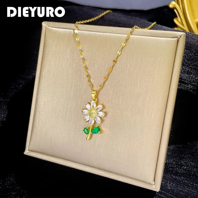 316L Stainless Steel Full Zirconia Flower Pendant Necklace For Women Clavicle Chain Jewelry Gift - Simples Market