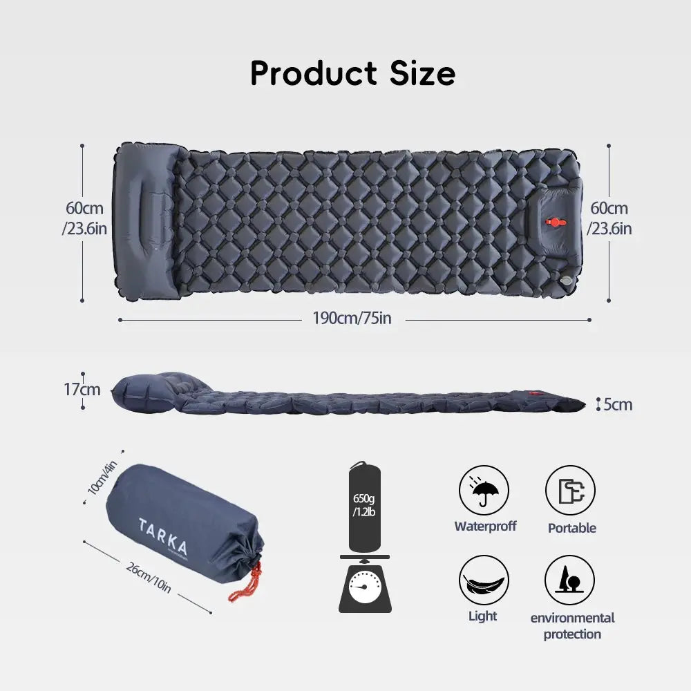 TARKA inflatable camping mat with pillow, dark blue self-inflating sleeping pad, 190 cm long with carry bag