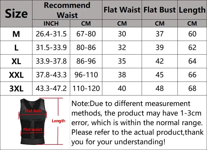 Men's body shaper compression vest, black waist trainer with flat bust and flat waist, Simples Market size chart
