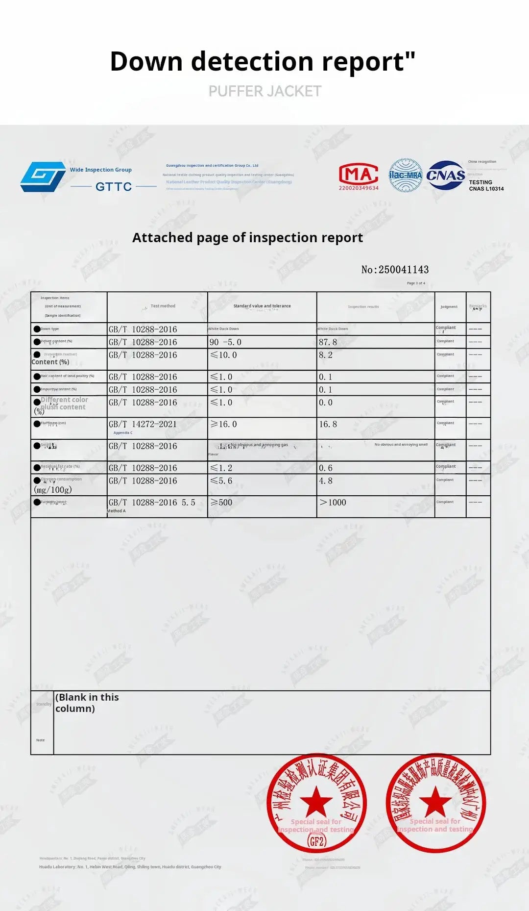 Maden Winter stand-up collar down jacket inspection report page with data table and red seals