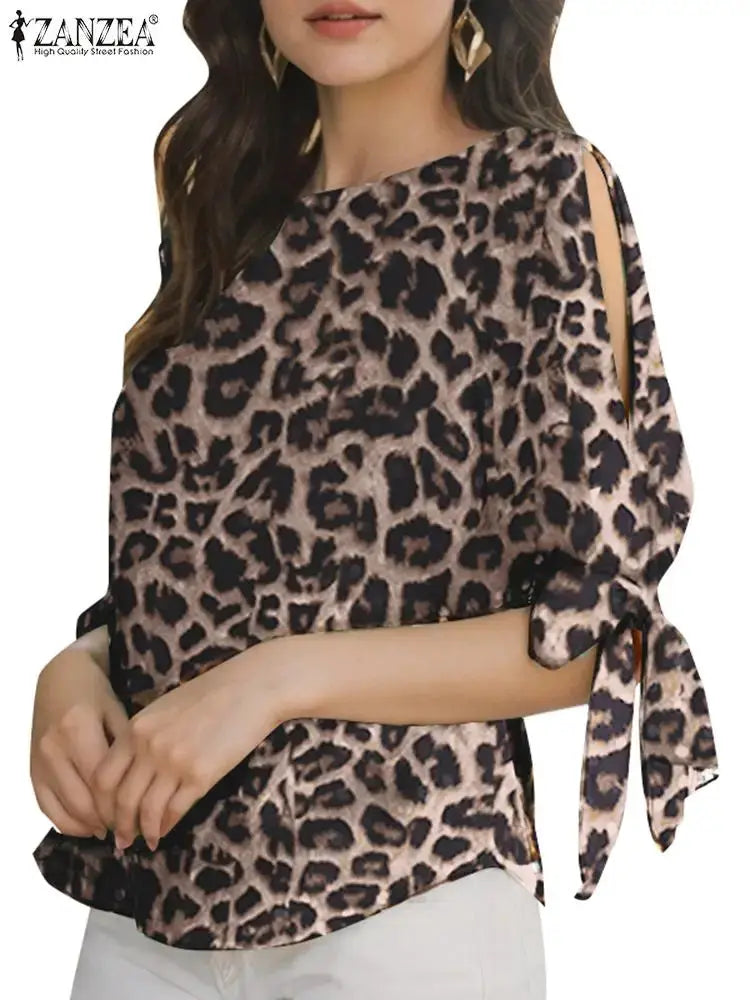 ZANZEA Leopard Print Blouse Women Lace Up Bohemian Short Sleeve Top