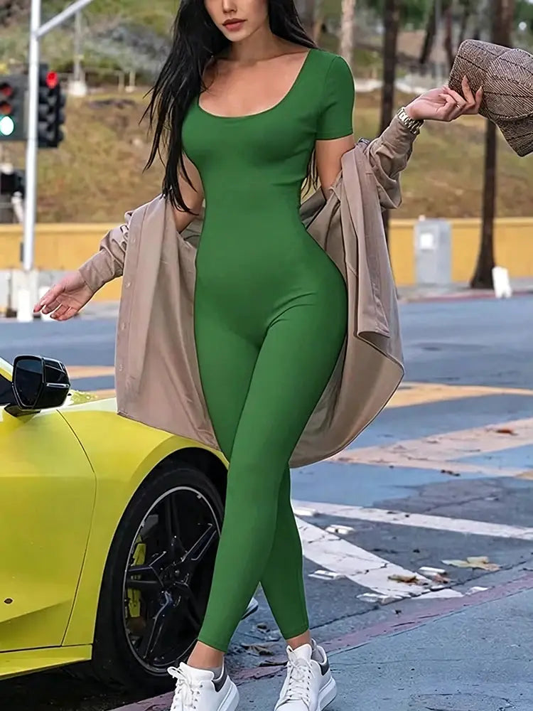 Simples Market women's green solid short-sleeve skinny bodycon romper jumpsuit for casual streetwear.