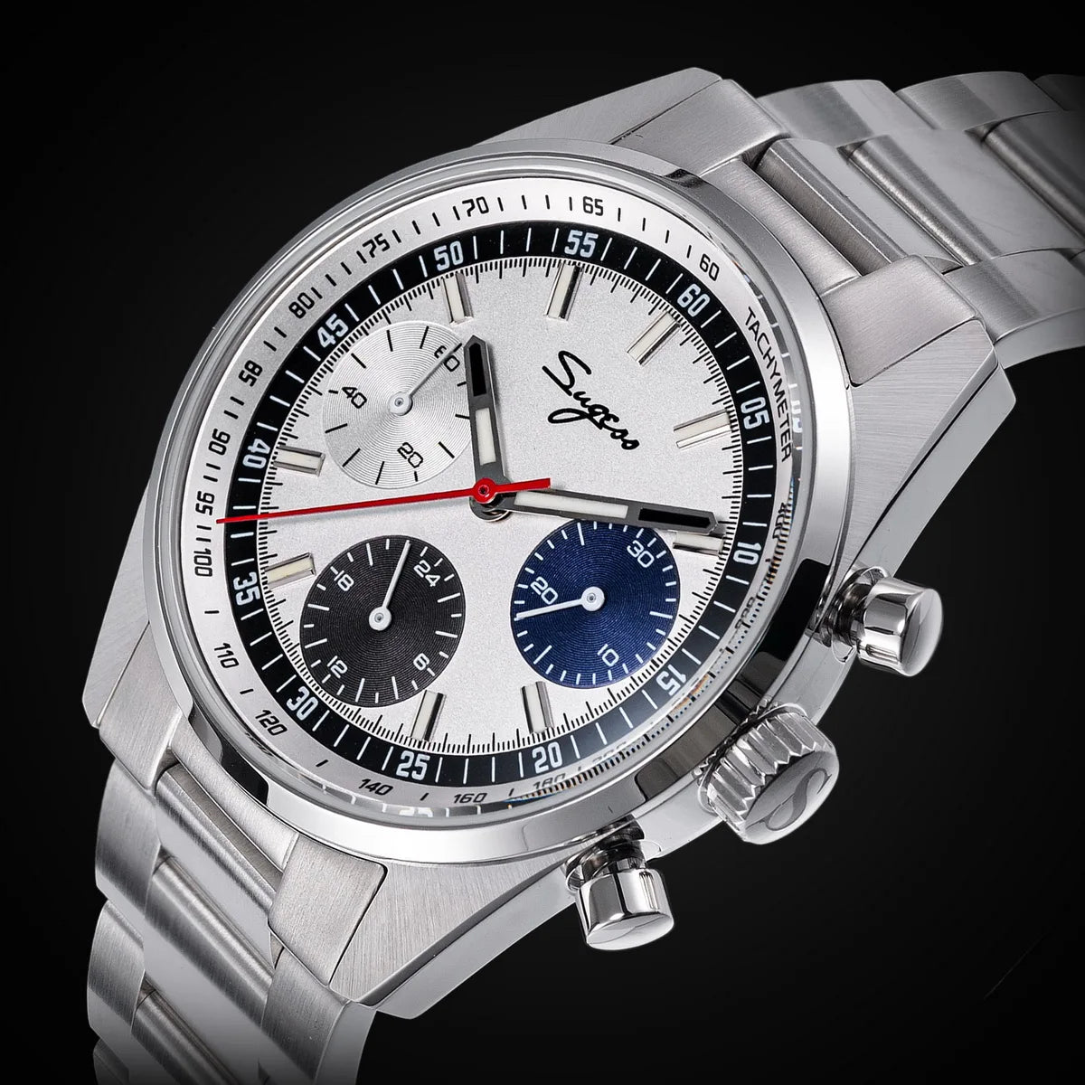 Sugess men's 38mm chronograph mechanical watch, stainless steel bracelet, roulette dial, sapphire crystal
