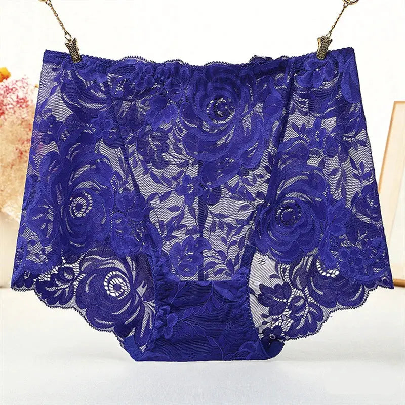 Plus-size lace panties in royal purple with floral lace detailing, high-waist