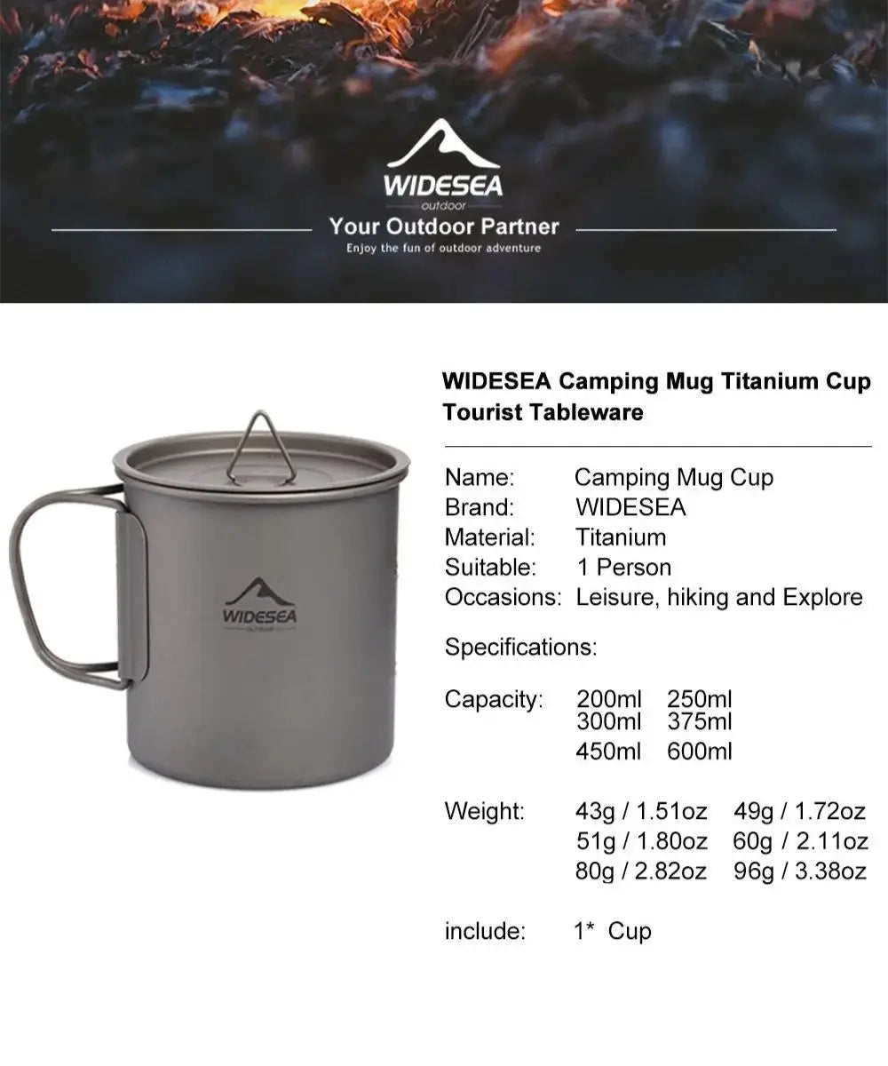 Camping mug titanium by WideSea in gray with lid and handle
