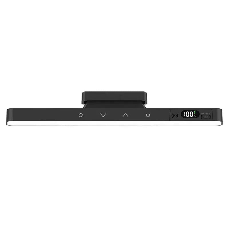 Touch table lamp with built-in rechargeable battery, black finish, magnetic desk mount, 100% battery indicator.