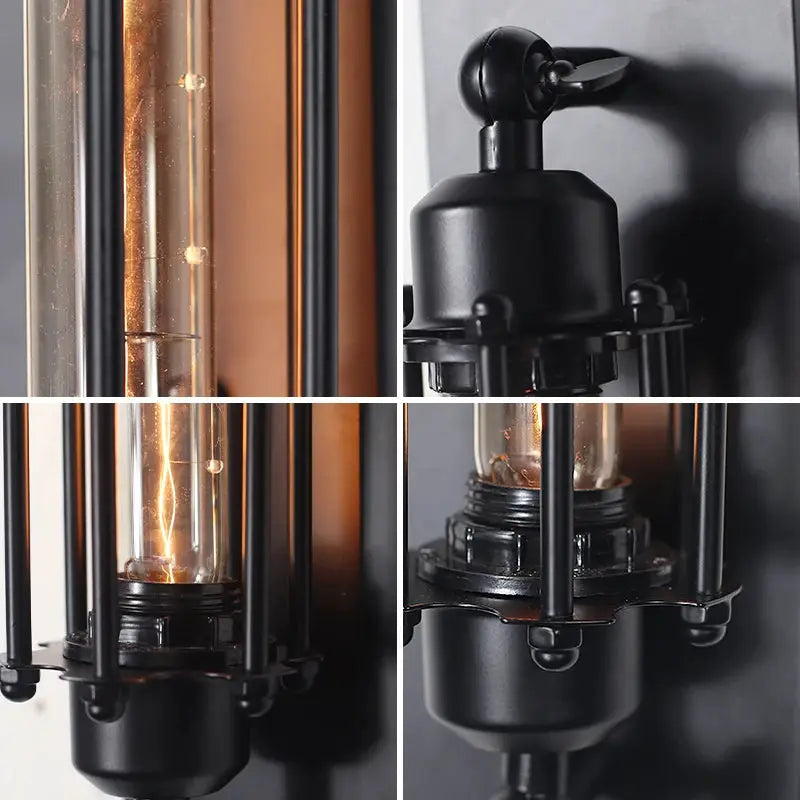 Retro industrial iron wall light with filament-style bulb, black finish, ideal for hallways or lofts