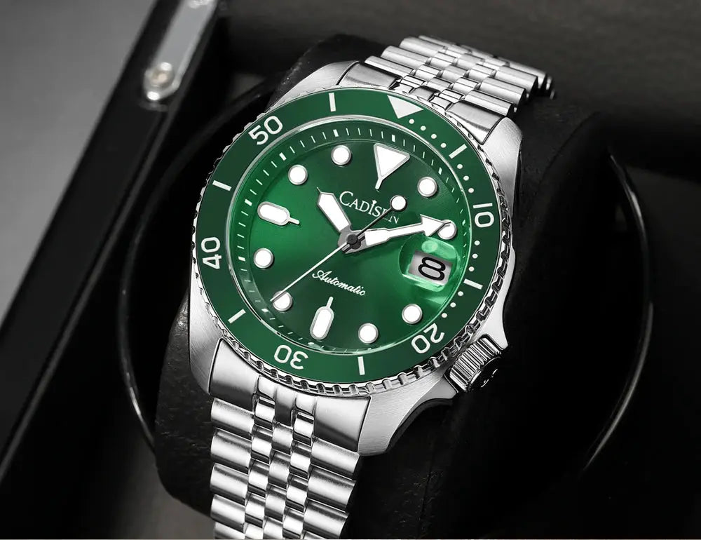 CADISEN men's stainless steel automatic watch with green dial, ceramic bezel and sapphire glass