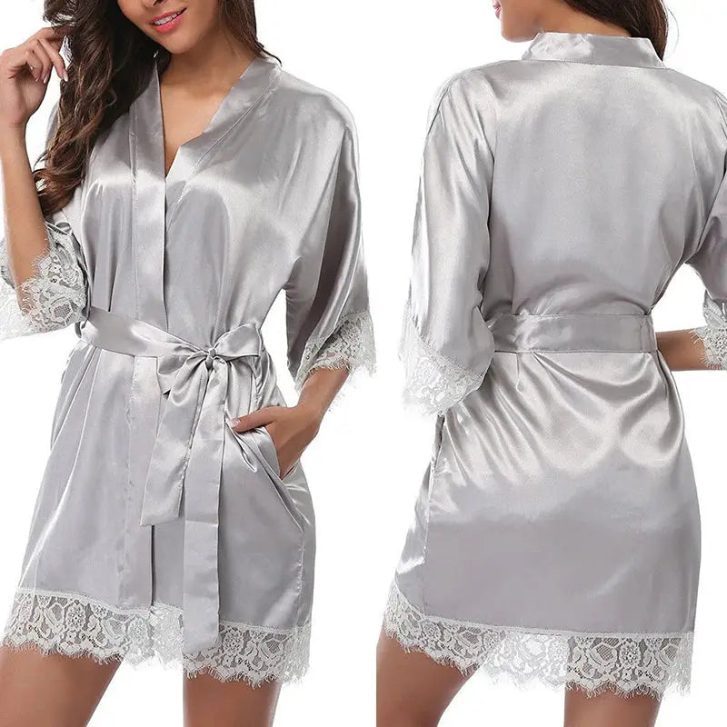 LuxeIce Womens Ice Silk Glossy Robe Pajamas Above Knee Length With Lace Trim Sexy Yet Comfortable Nightwear