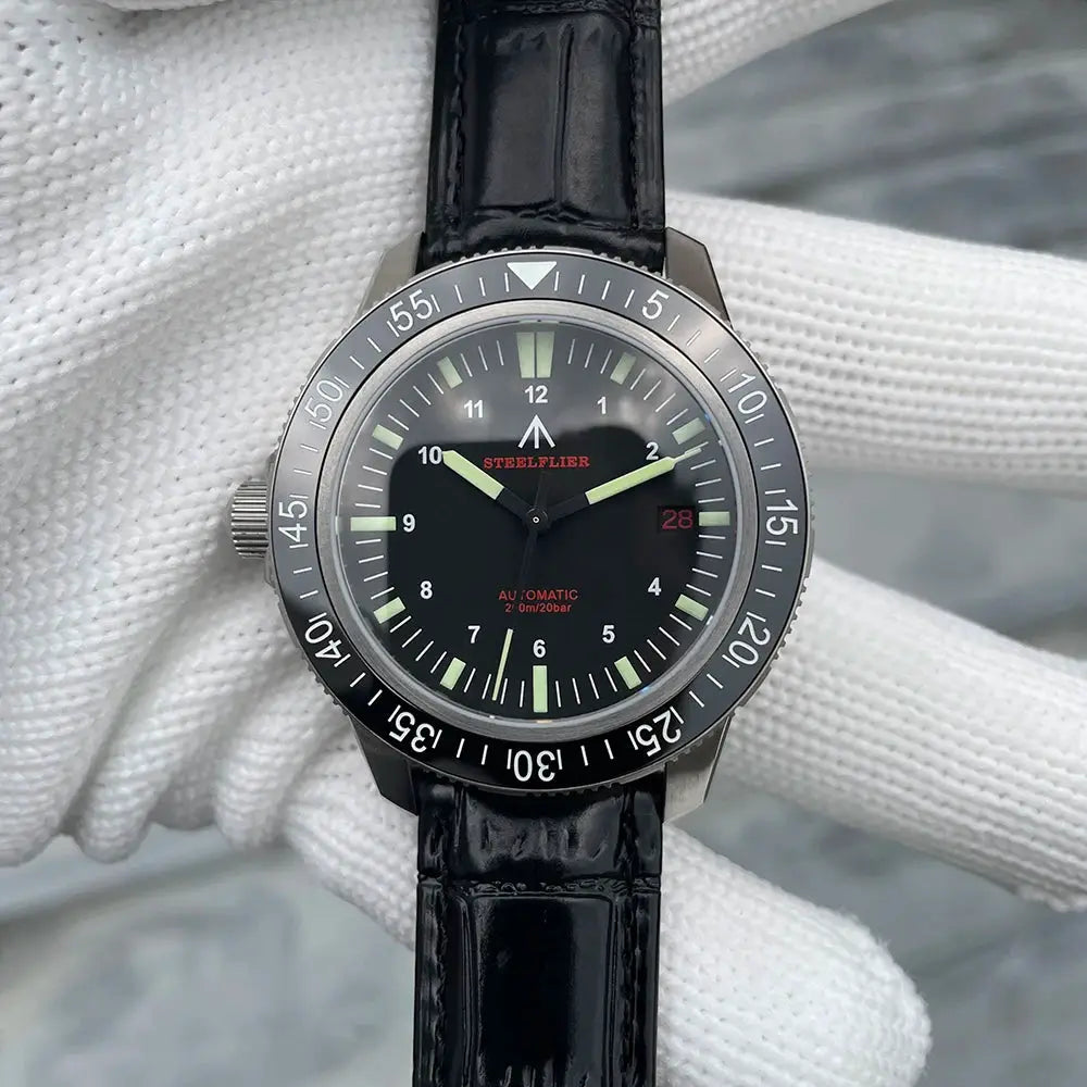 STEELFLIER SF783 automatic dive watch with black dial, ceramic bezel, and 20 Bar waterproof.