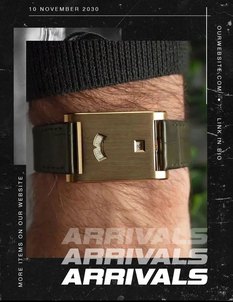 Gold rectangular quartz watch with black leather strap on wrist.