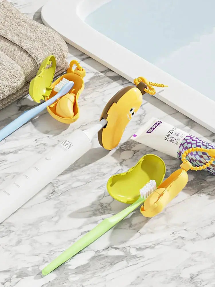 Simples Market banana-shaped toothbrush protective cap with toothpaste storage box, yellow, 3-pack