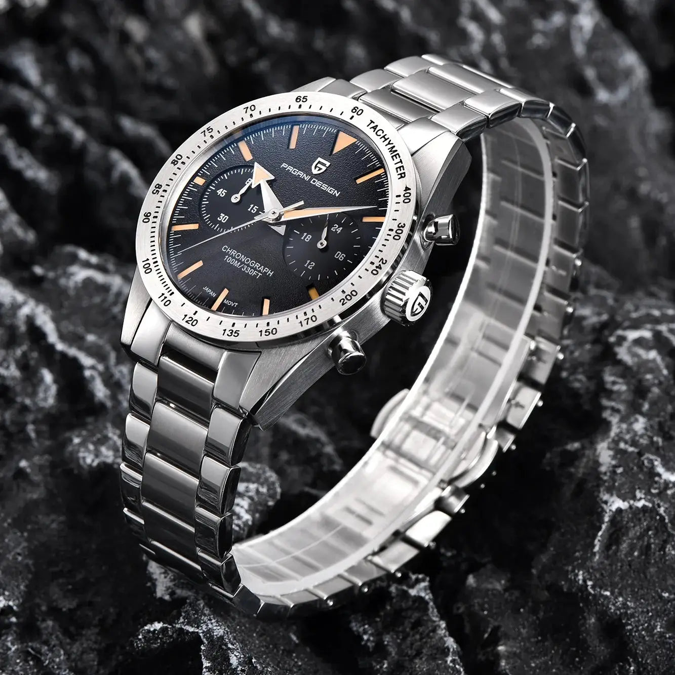 PAGANI DESIGN retro luxury quartz men's watch, stainless steel chronograph with blue dial and tachymeter bezel