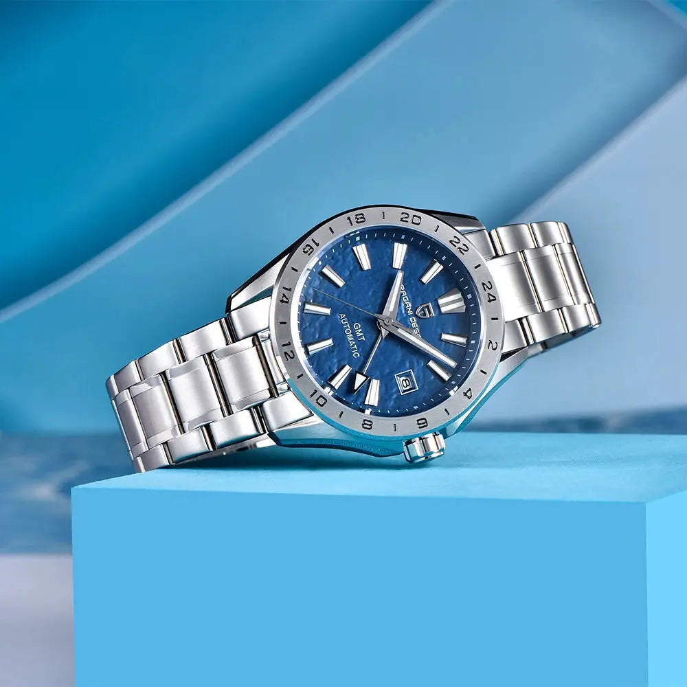 Pagani Design GMT men's stainless steel automatic watch with blue dial and sapphire glass, 100m water resistant
