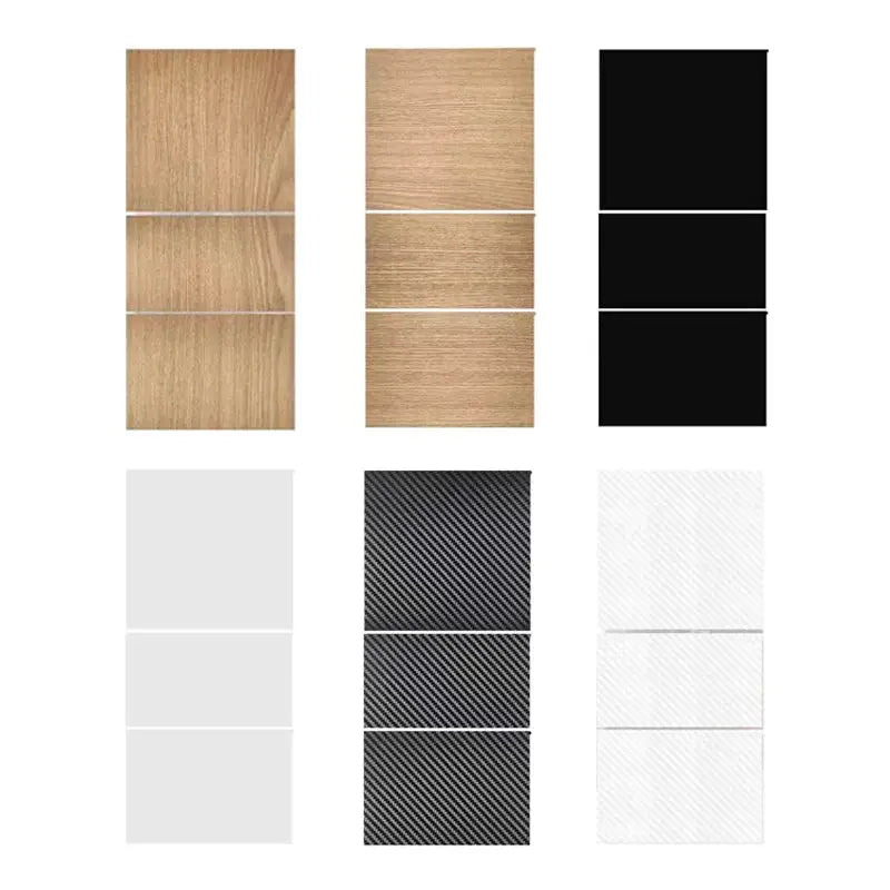Center console cover protector sticker set for Tesla Model 3 Highland Y Juniper, 6 texture options: wood, carbon fiber, black.