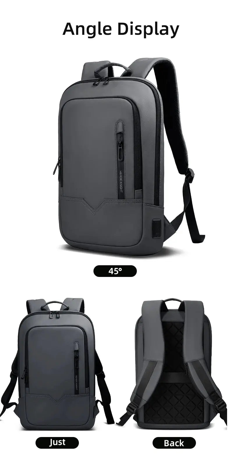 Simples Market HK Slim Backpack for Men, grey 15.6-inch laptop bag with USB charging, waterproof minimalist design