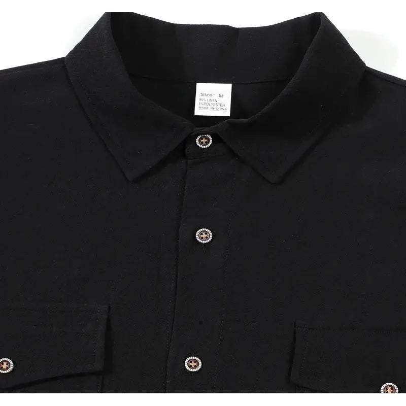 Men's black linen button-up shirt with lapel collar, short sleeves, and double chest pockets by Simples Market