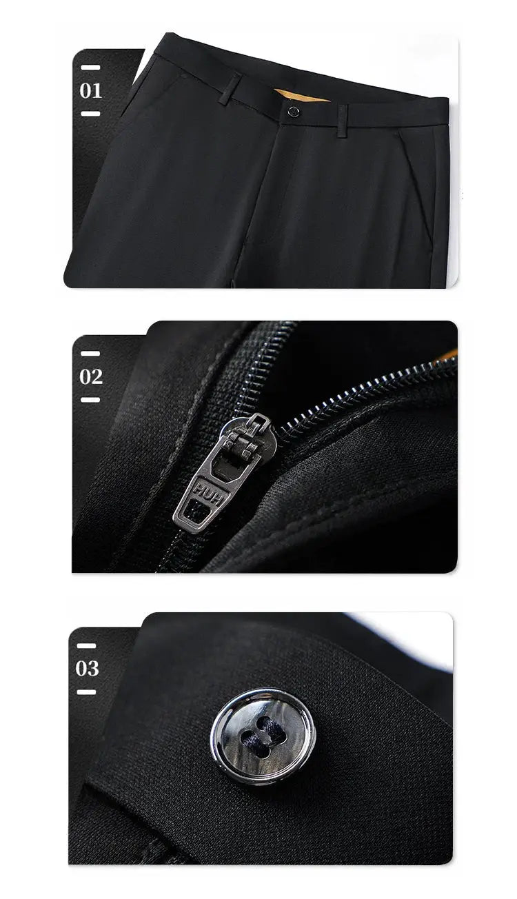 Simples Market men's stretch casual dress pants, black with zipper fly and button waist.