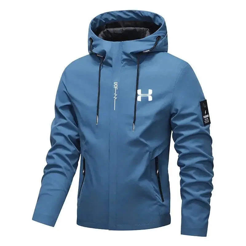 Men's blue zip-up hooded windbreaker jacket with chest logo for outdoor hiking and jogging.