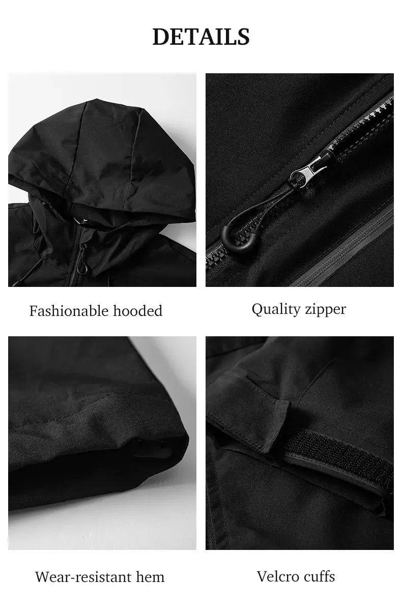 LNGXO waterproof hiking jacket, black hooded windbreaker with durable zipper and Velcro cuffs