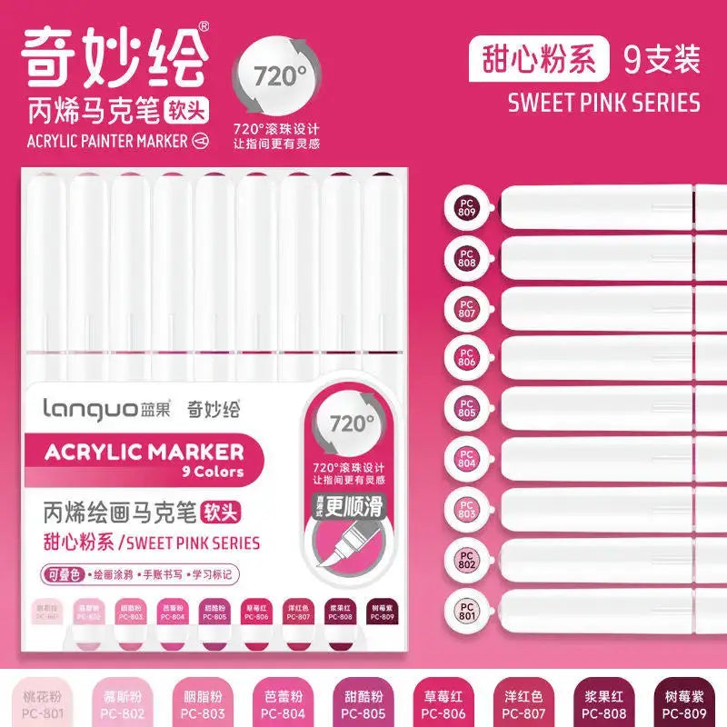 Acrylic marker pens set of 9 colors with soft brush tips by Simples Market in pink Sweet Pink Series packaging.