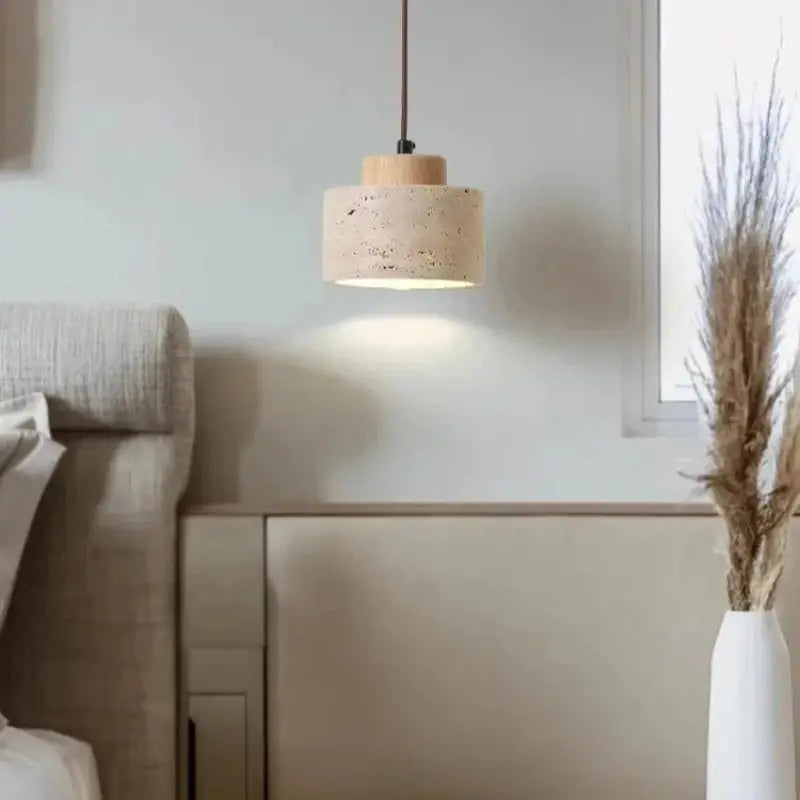 LED pendant lamp by Simples Market, beige concrete shade with wood accent for bedroom lighting