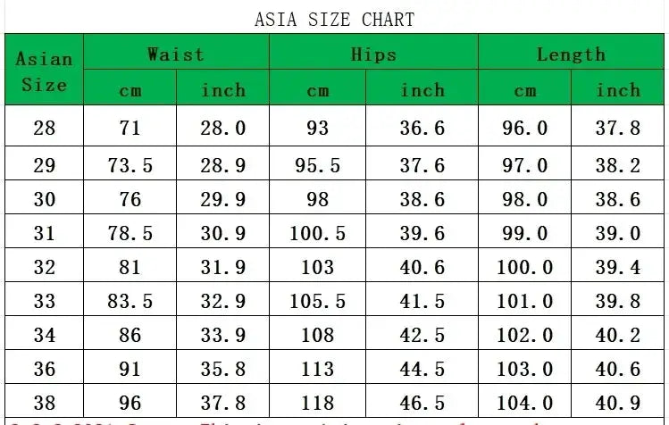 KUBRO men's pants size chart by Simples Market; Asia sizing with waist, hip, and length measurements