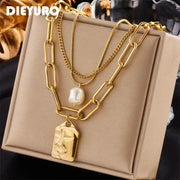 DIEYURO 316L Stainless Steel 3 Layer Pearl Square Portrait Pendant Necklace For Women Punk Street Trend