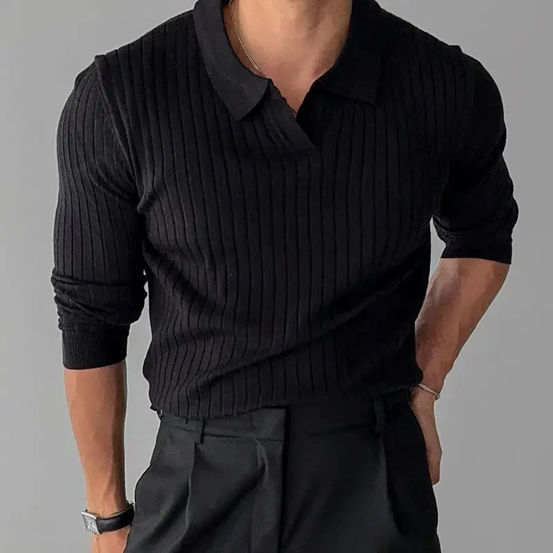Men's black knitted V-neck polo shirt with vertical ribbed jacquard texture, long sleeves
