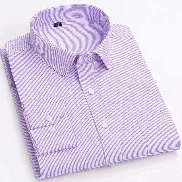 Men's purple striped long-sleeve shirt with a single chest pocket, button-front, folded