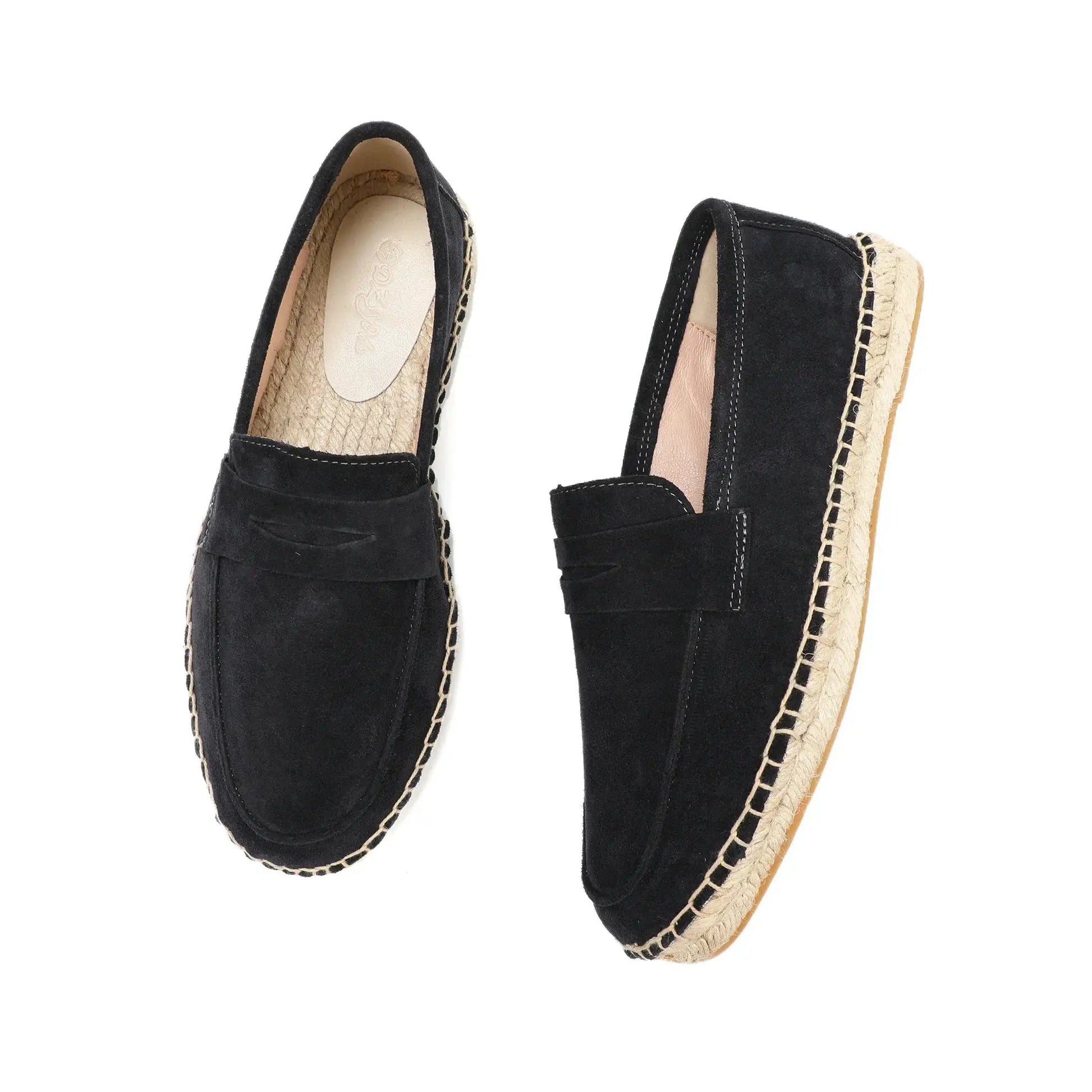 Pair of men's black suede espadrille loafers with jute rope sole, slip-on style.