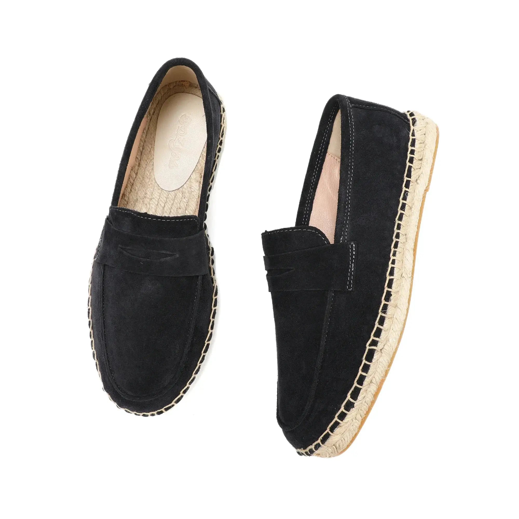 Pair of men's black suede espadrille loafers with jute rope sole, slip-on style.