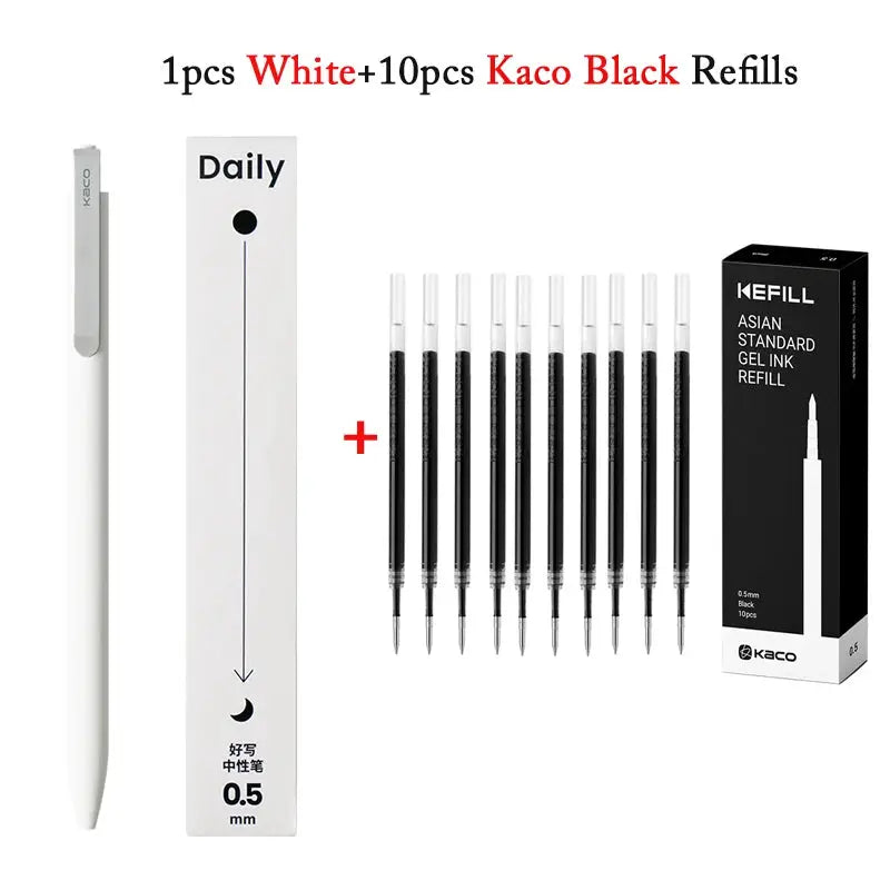 KACO white gel pen with clip; 0.5mm black ink, quick-drying, includes 10 refills