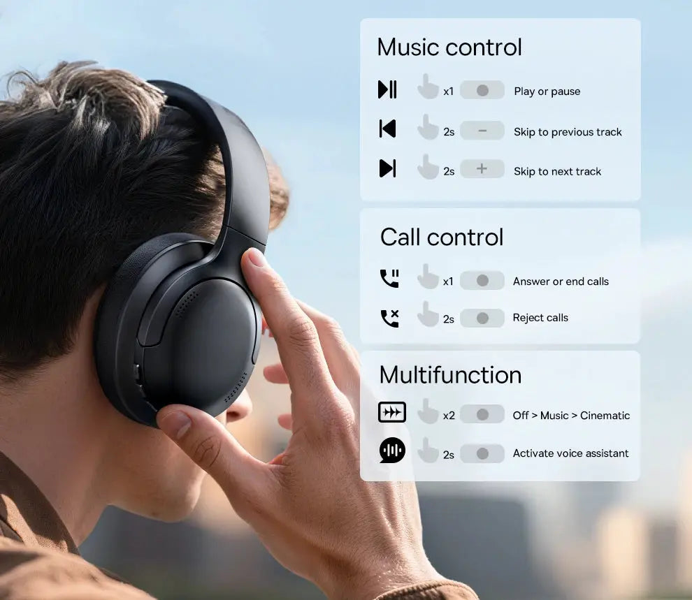 Baseus wireless over-ear headphones in black with foldable design worn by a person.