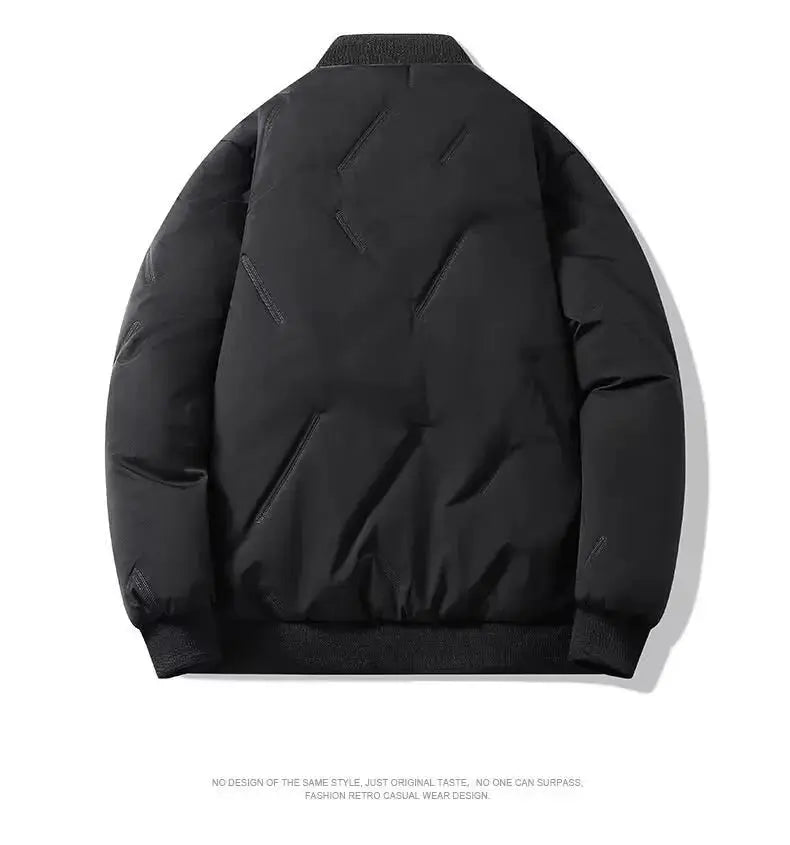 Black baseball-collar bomber jacket with quilted panels and ribbed cuffs and hem.