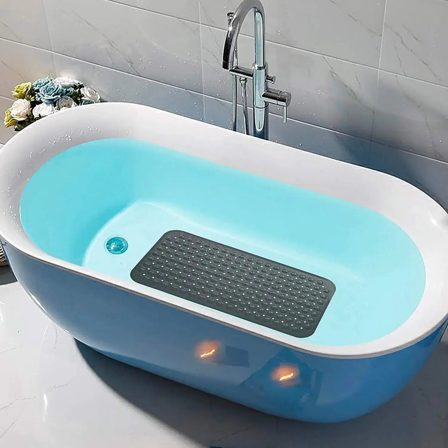 Simples Market PVC non-slip bath mat with suction cups and drain holes, 15x27.6in, dark gray