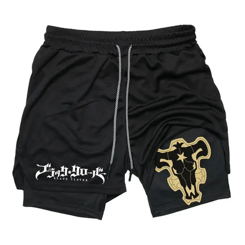 Men's black running shorts with white drawstrings and beige bull skull graphic