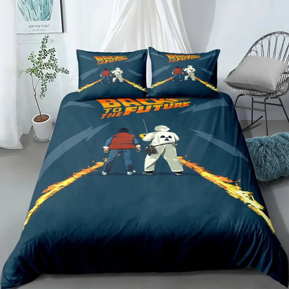 Simples Market duvet cover set featuring Back to the Future print on navy blue with two matching pillowcases.