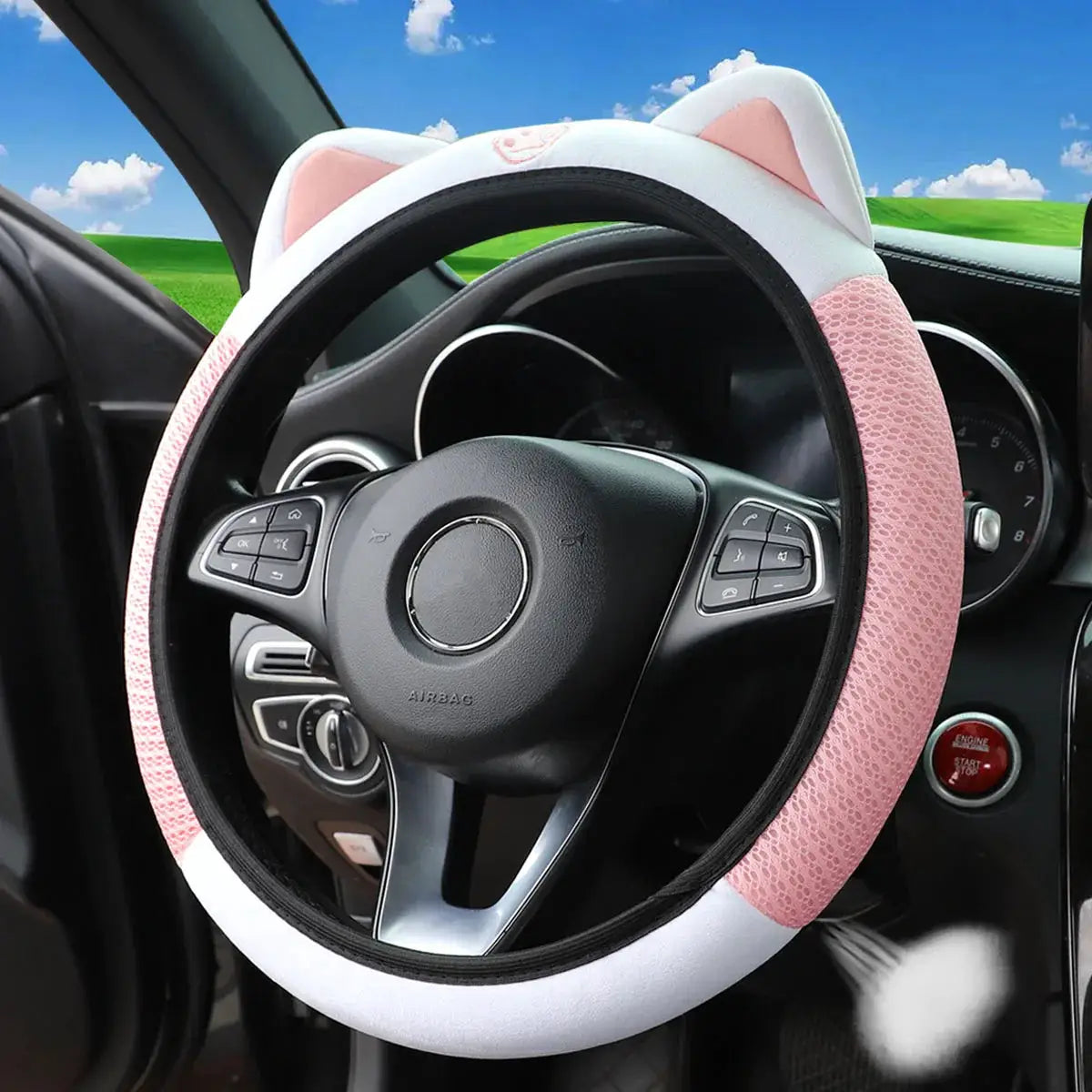 Kitten steering wheel cover with pink and white plush and cat-ear design, breathable mesh, fits 14.5–15 inch